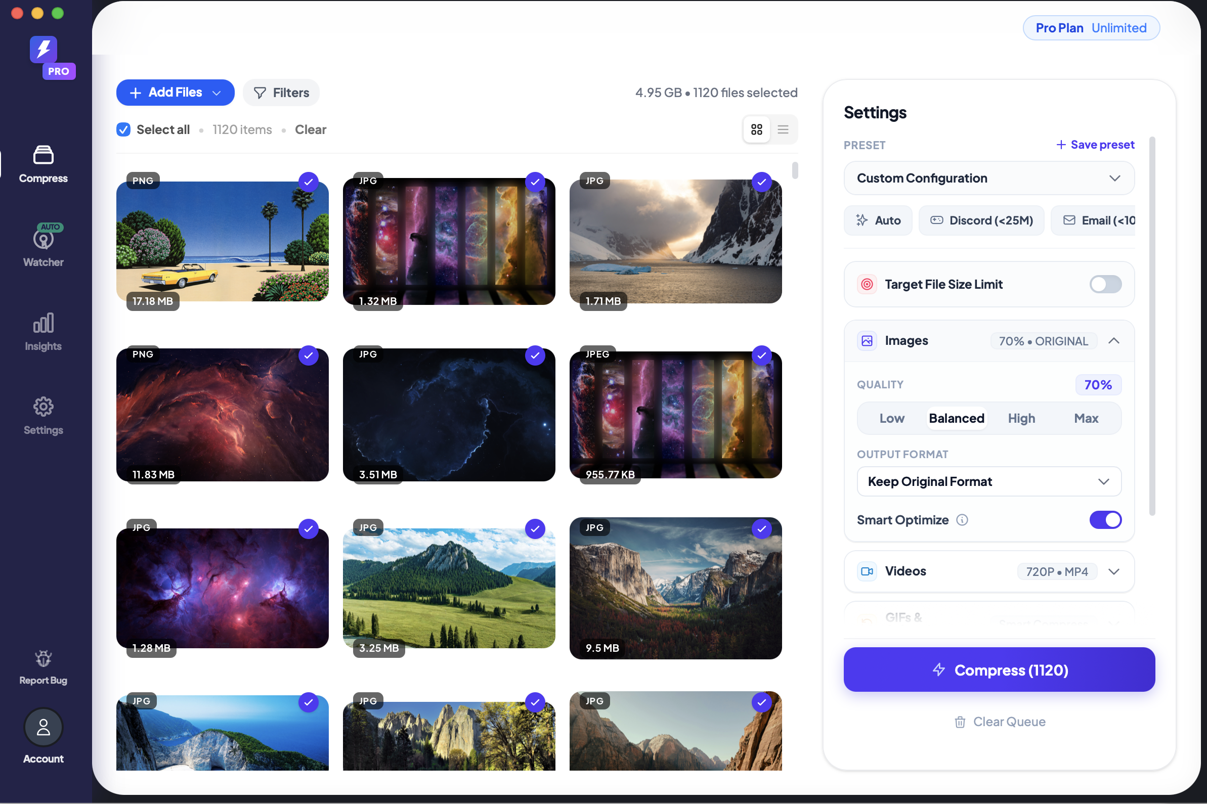 1,120 images loaded into FastCompressor — 4.95 GB ready to process