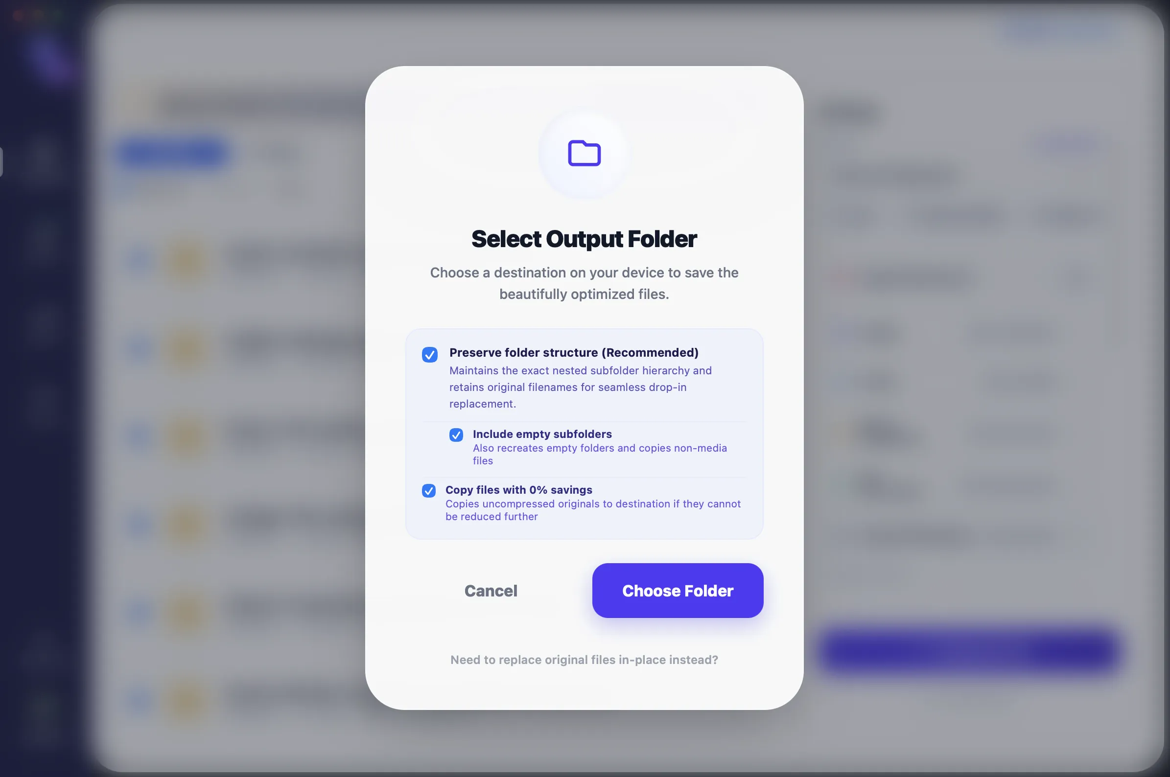 FastCompressor output folder settings modal with Preserve folder structure and Copy files with 0% savings enabled