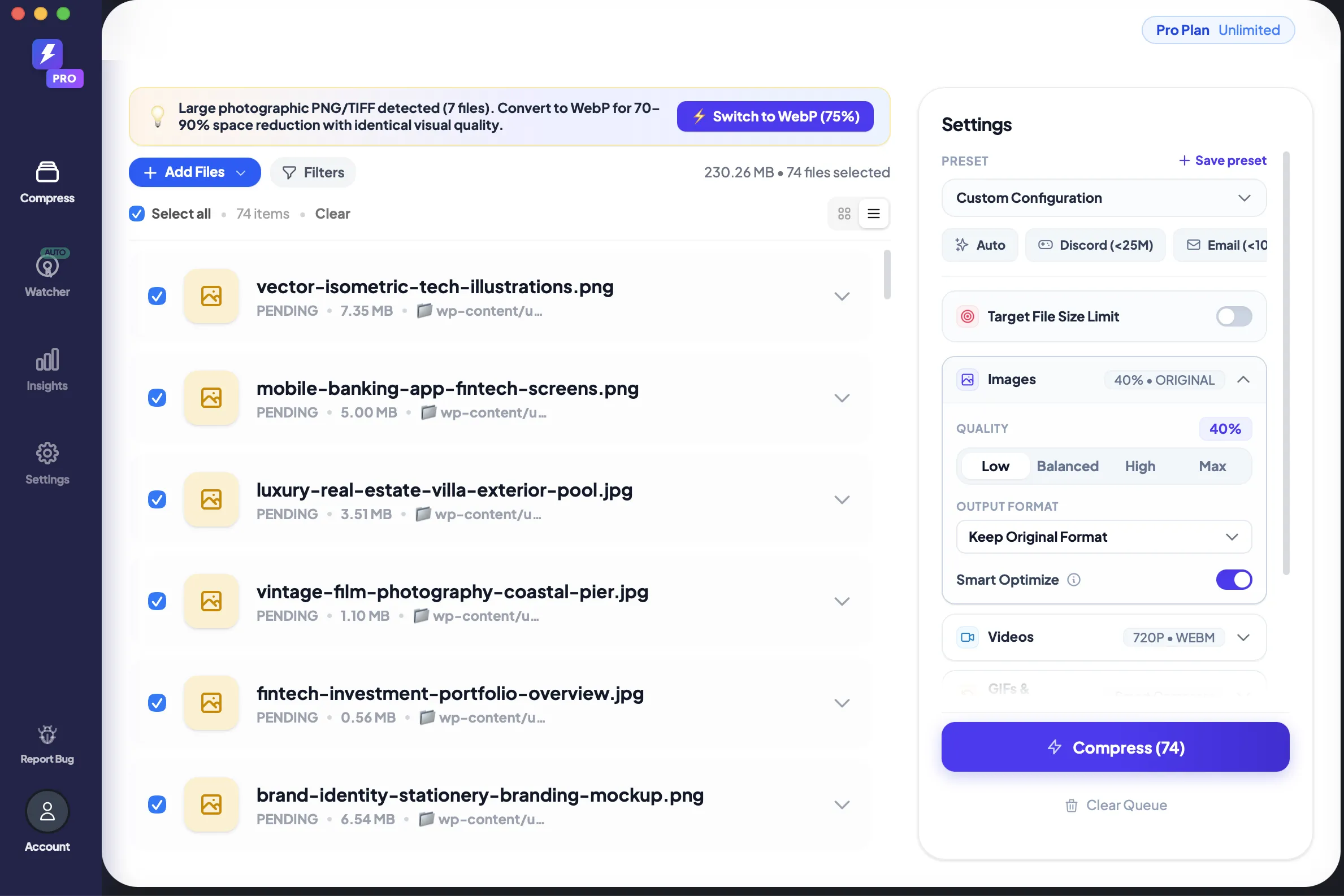 FastCompressor scanning a WordPress uploads folder with 74 images across multiple subdirectories