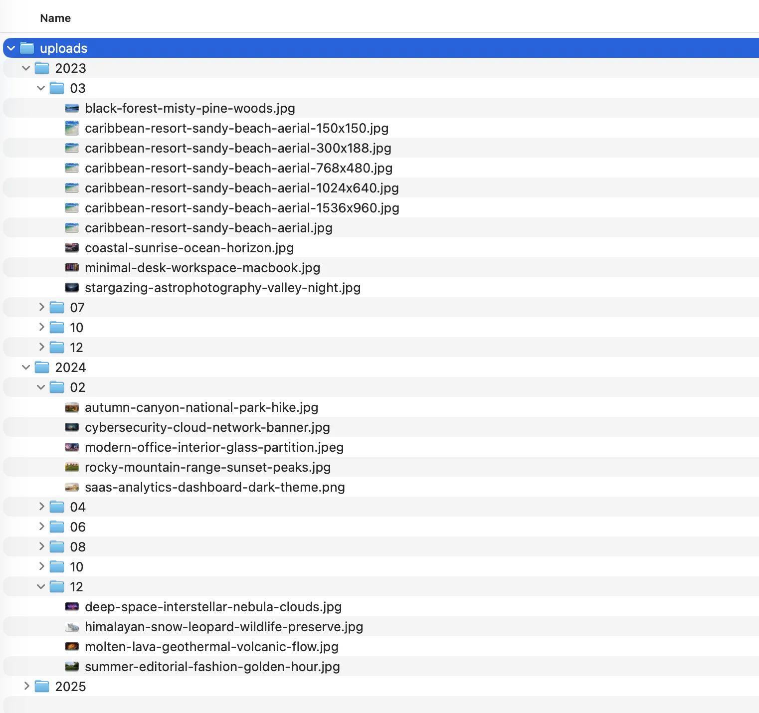 Original WordPress uploads folder structure in Finder showing nested year and month subdirectories and thumbnail sizes