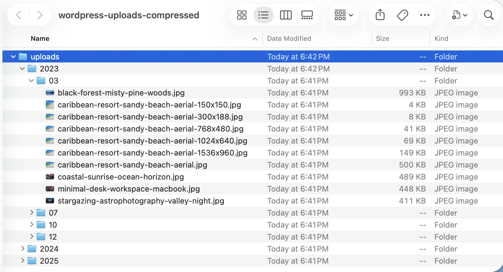 Finder view of exported wordpress-uploads-compressed folder showing identical subfolders and filenames with smaller file sizes