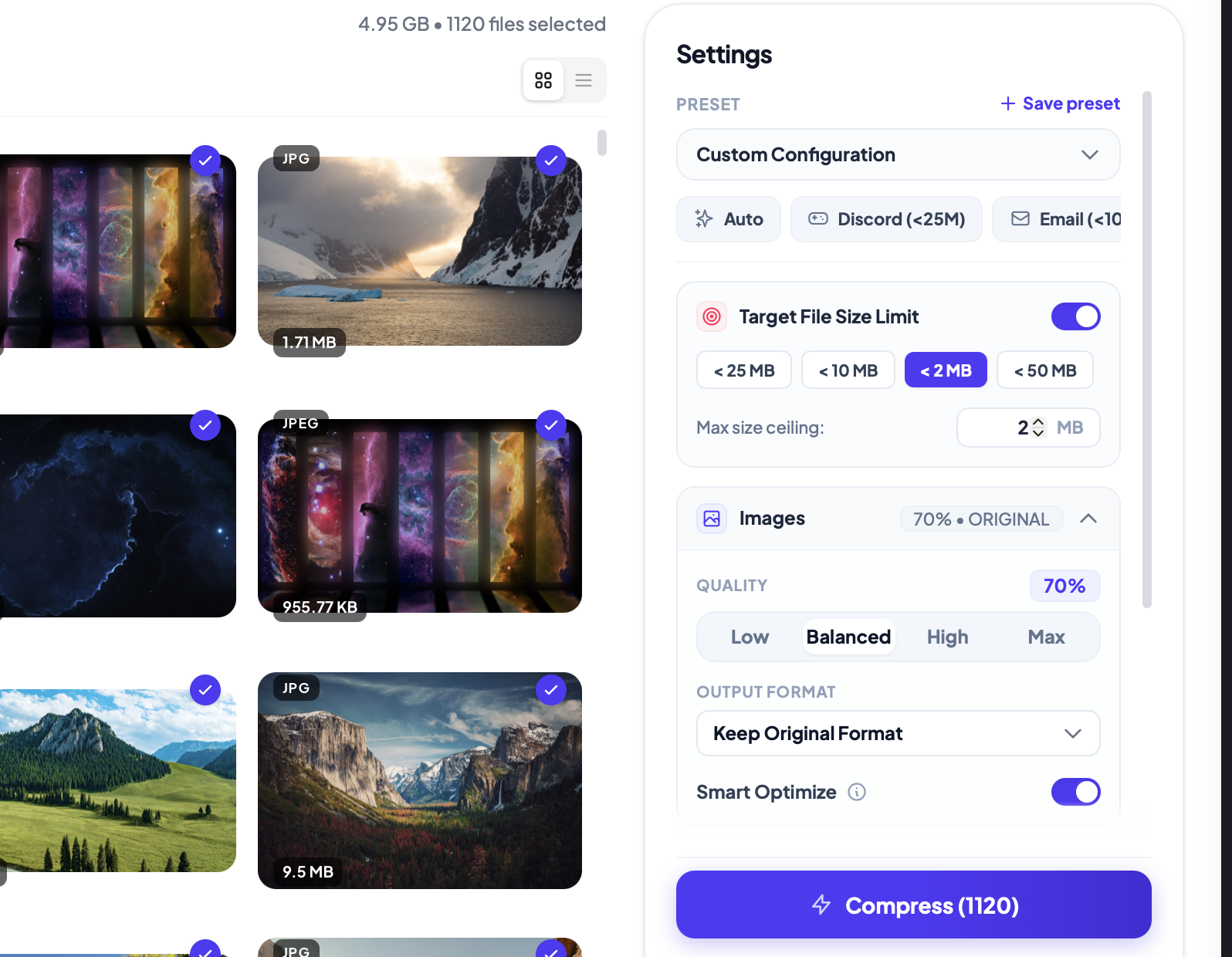 Compression settings panel — quality, format, target file size limit