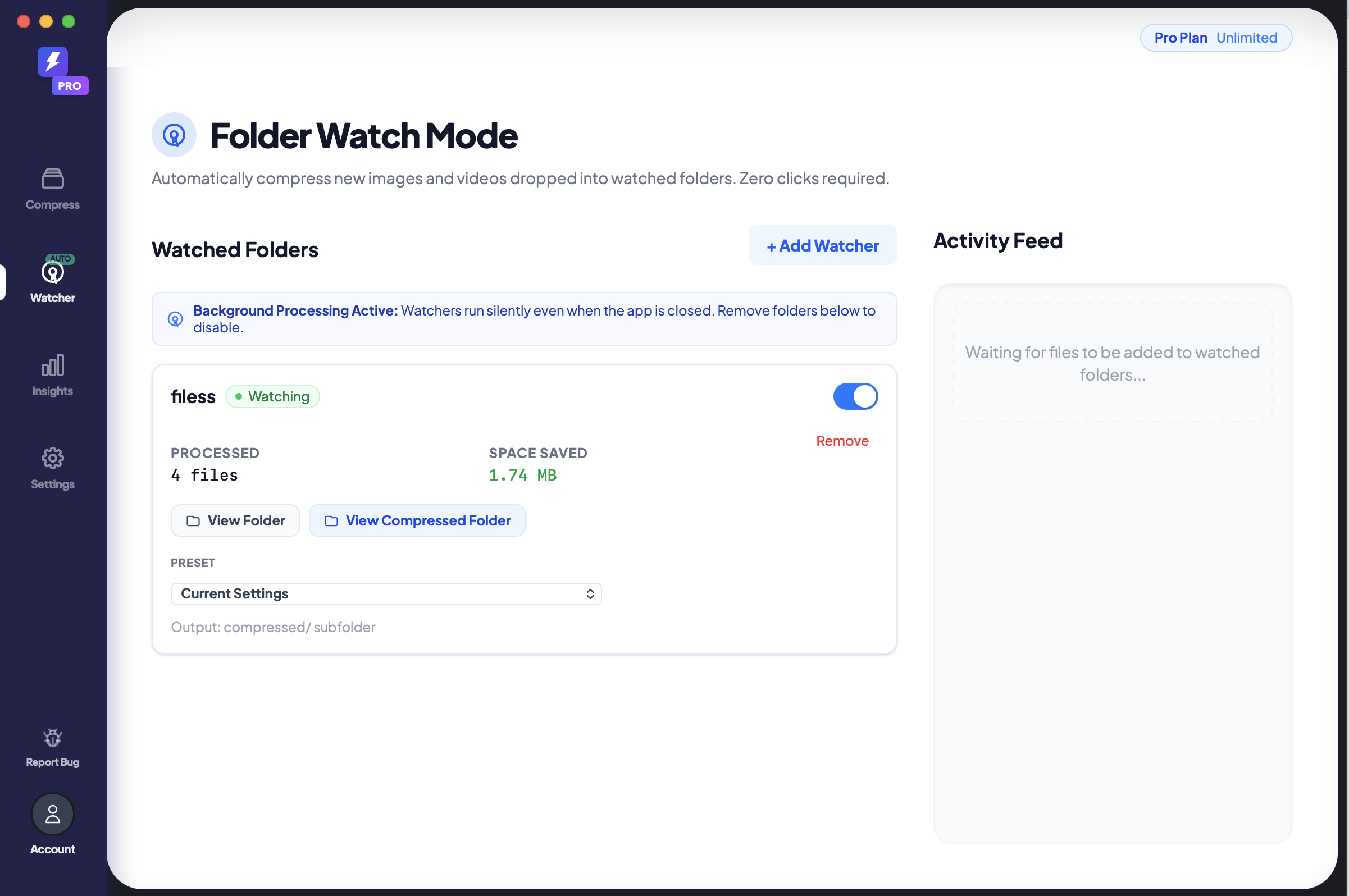 Folder Watch mode — auto-compresses files as they arrive in the monitored directory