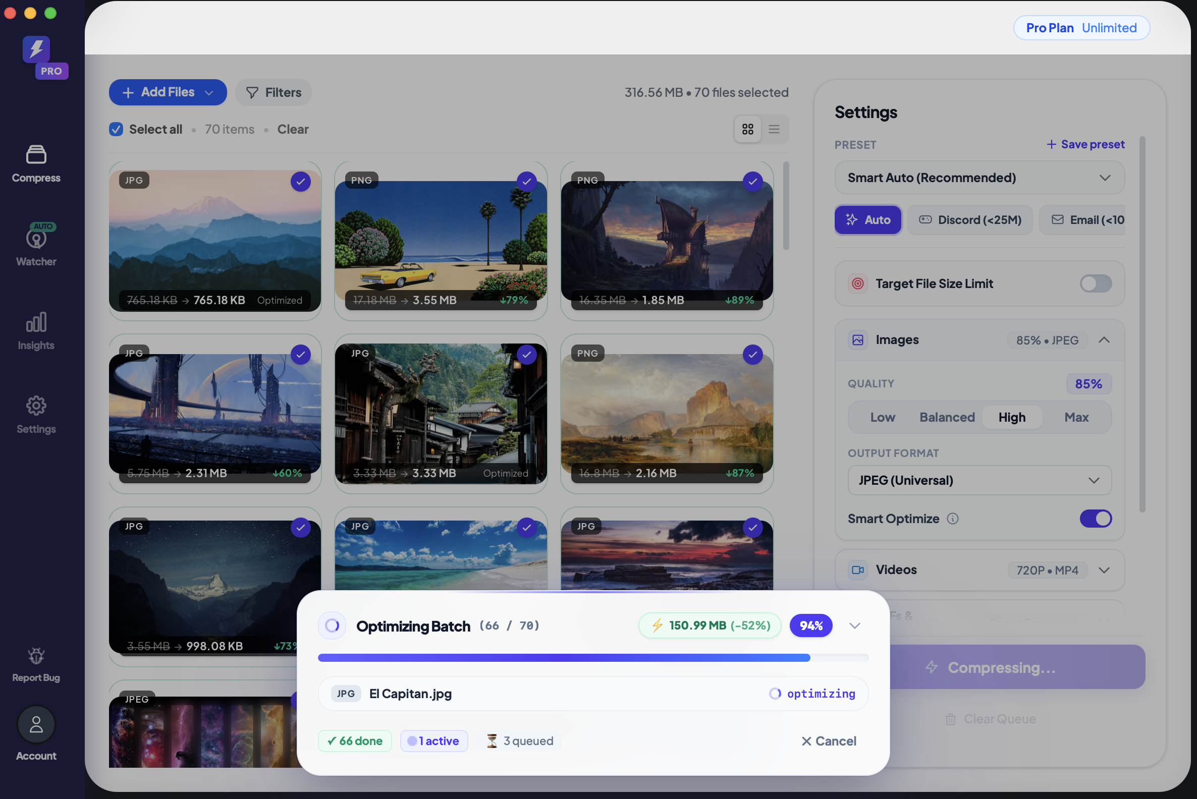 Mid-batch processing — 70 images at 94% completion