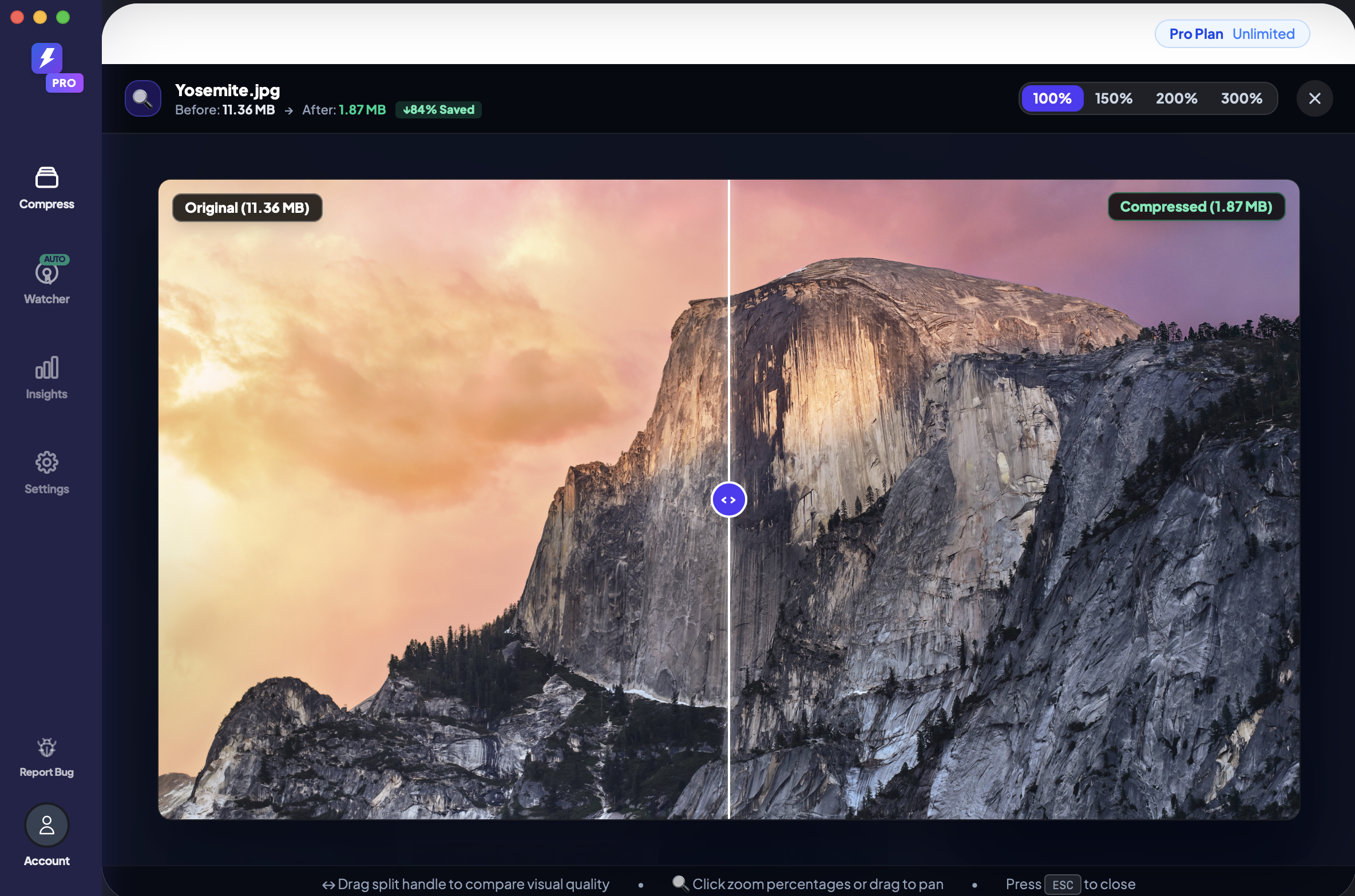 Before/after quality split view — Yosemite.jpg: 11.36 MB → 1.87 MB, 84% saved