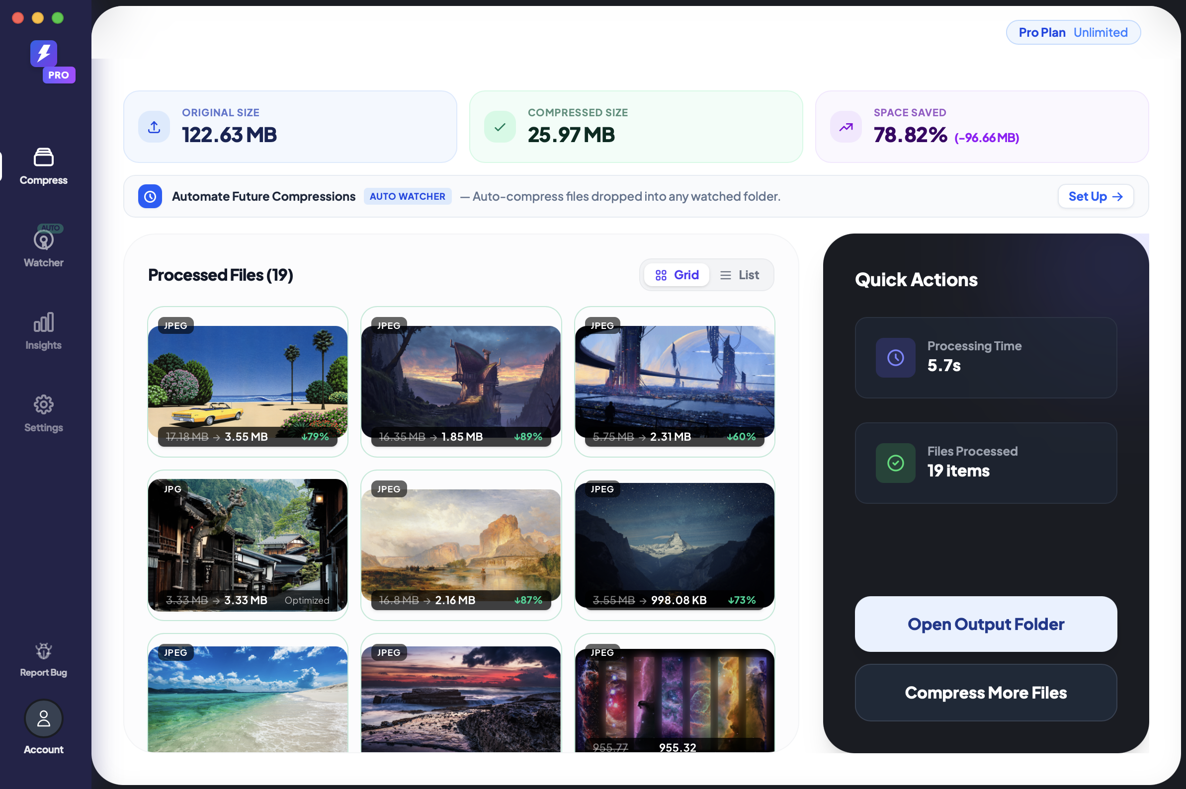 Small batch benchmark — 19 images processed in 5.7 seconds, 78.82% savings